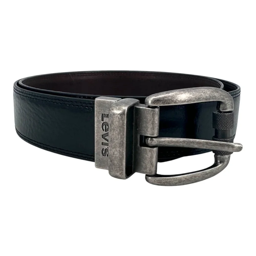 Vintage Levi's Men's Belt Medium 34/36 Black Leather Silver Roller Buckle